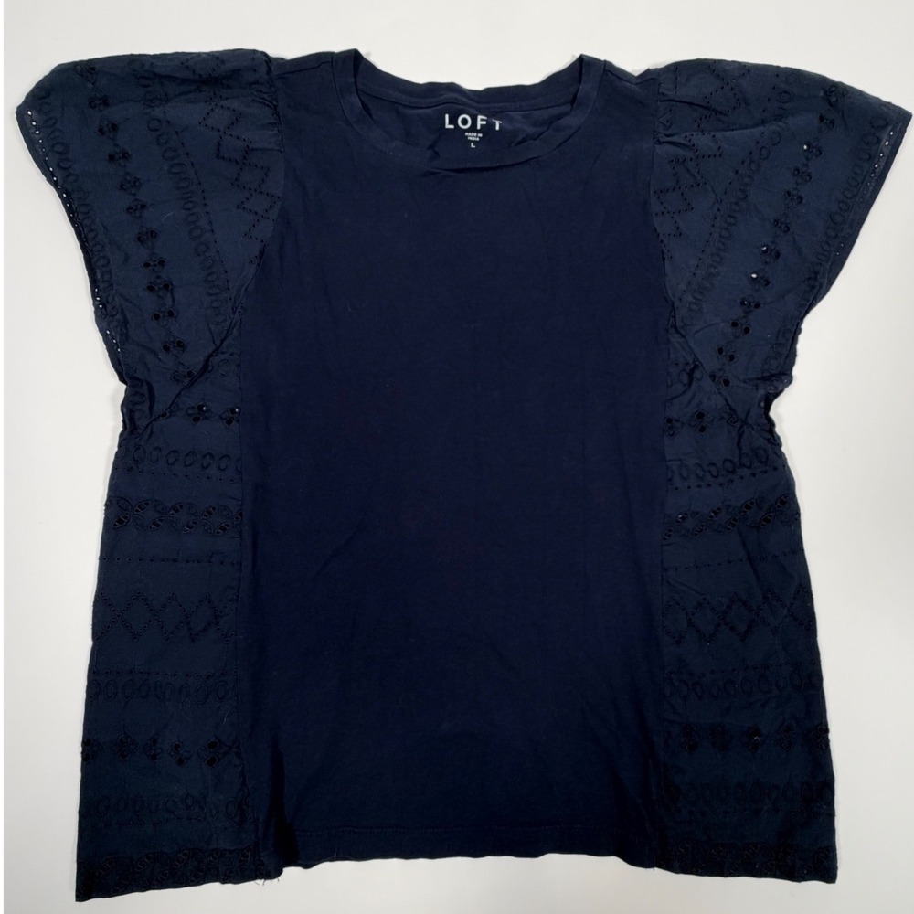 Loft Navy Blue Eyelet Lace Short Sleeve Cotton Top Boho Minimalist Large
